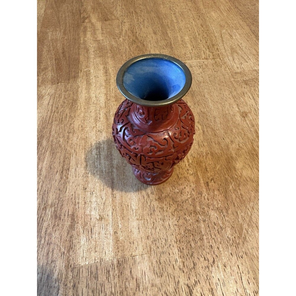 Chinese Red Cinnabar Hand Carved Lacquer Vase, with Brass and Blue Enamel